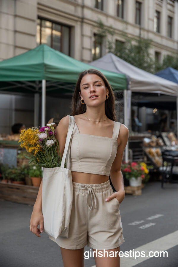 Beige Linen Matching Crop Top and Shorts Set with Reusable Tote Bag