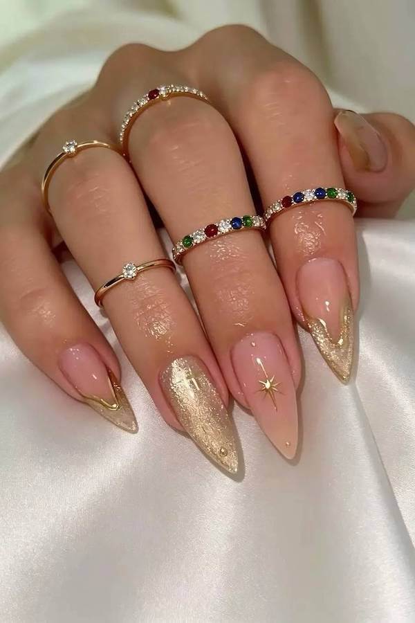 Gold French Tip Almond Nails
