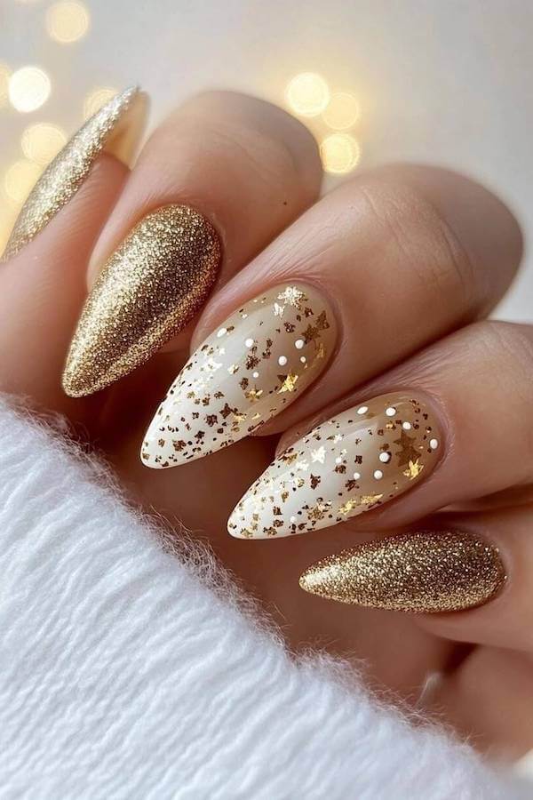 Gold Glitter And Star Accent Nails