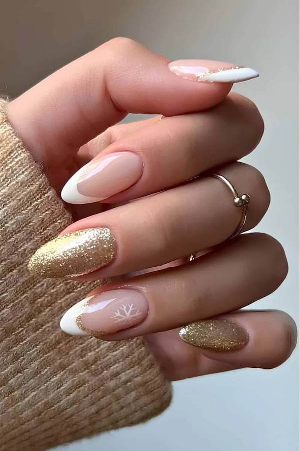 French Tip And Gold Glitter Holiday Nails