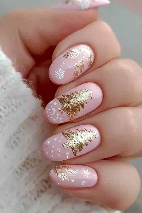 Pink And Gold Christmas Tree Nails