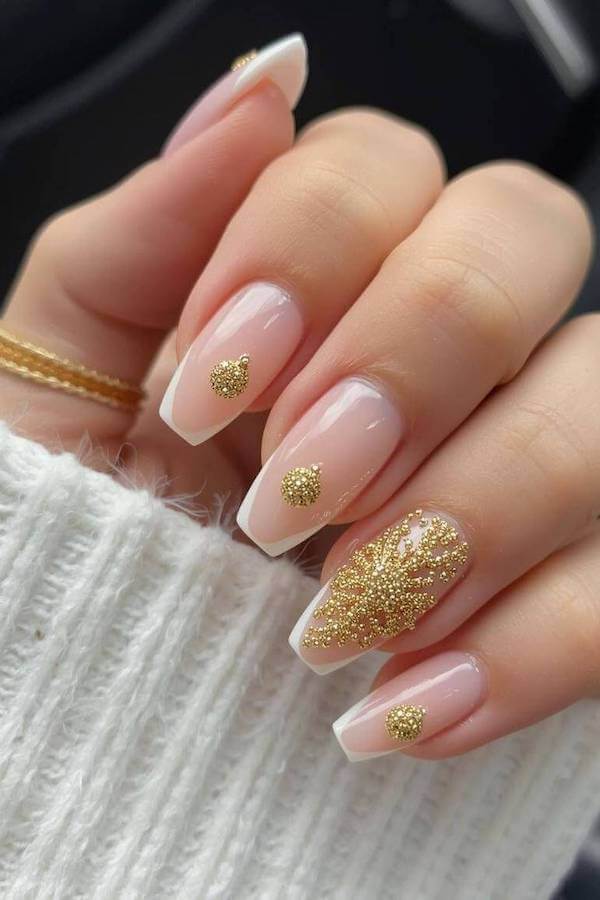 Gold Embellished French Christmas Nails