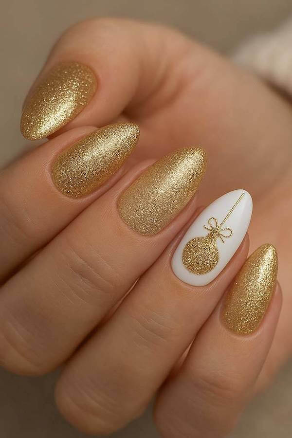 Gold Glitter Ornament Accent Nails