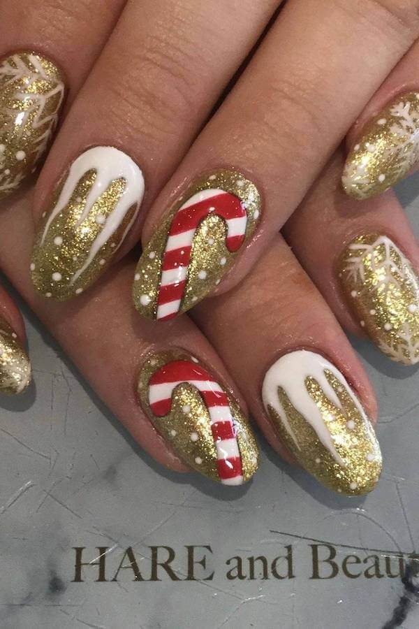 Gold Candy Cane Christmas Nails
