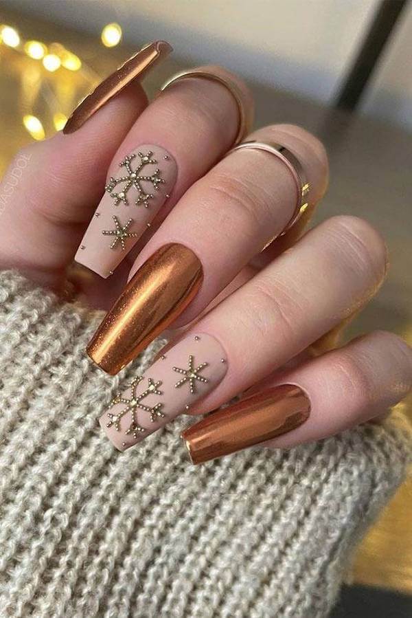 Chrome Gold And Nude Snowflake Nails
