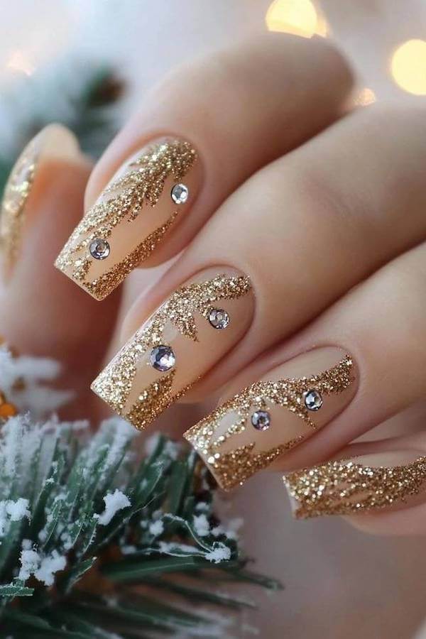 Gold Glitter Coffin Nails With Rhinestones