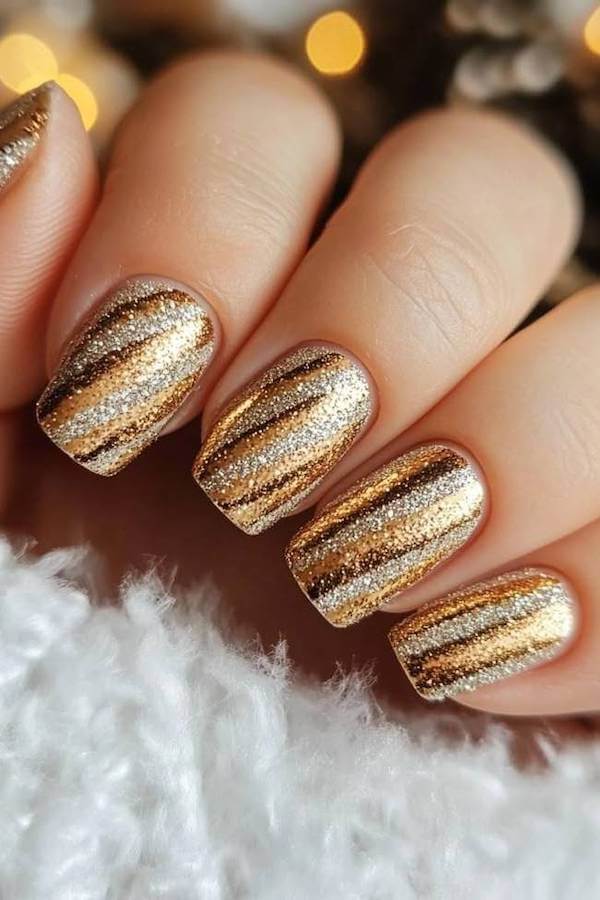 Gold And Silver Striped Holiday Nails