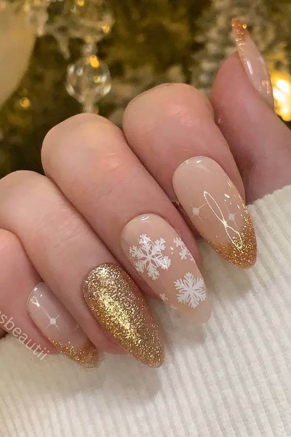 Gold Glitter Snowflake Nails