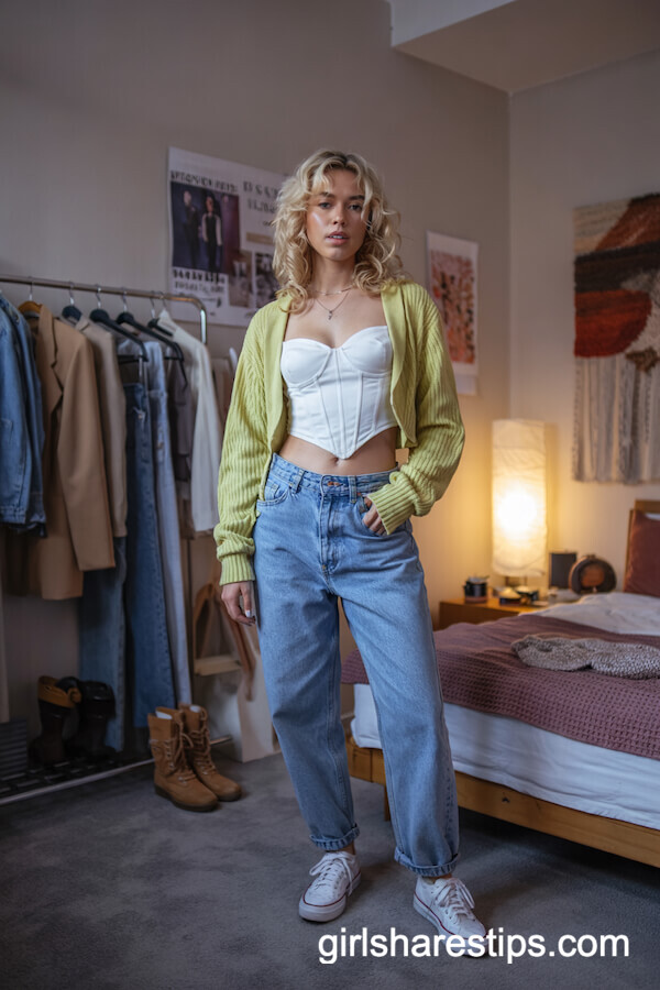 Yellow Cardigan and White Bustier with Jeans