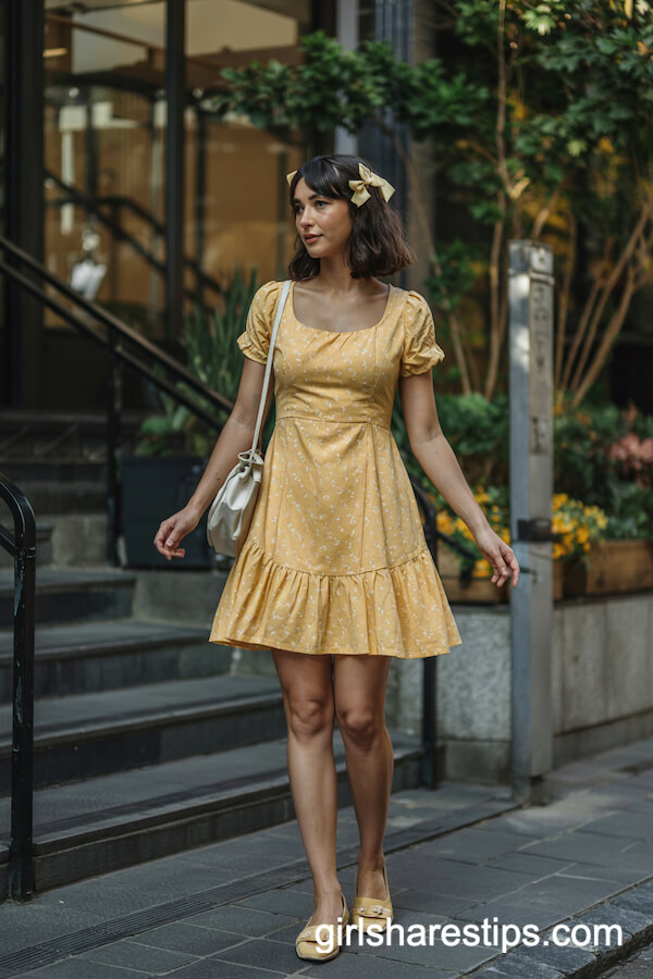 Yellow Floral Fit-and-Flare Dress with Ribbon Bows