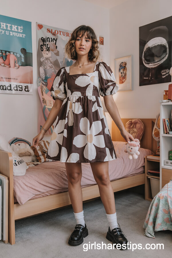 Brown Floral Print Puff Sleeve Mini Dress
