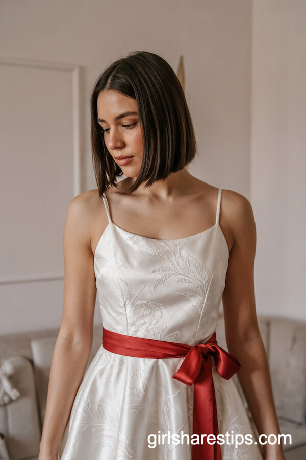 White Satin Spaghetti Strap Dress with Red Bow Waist