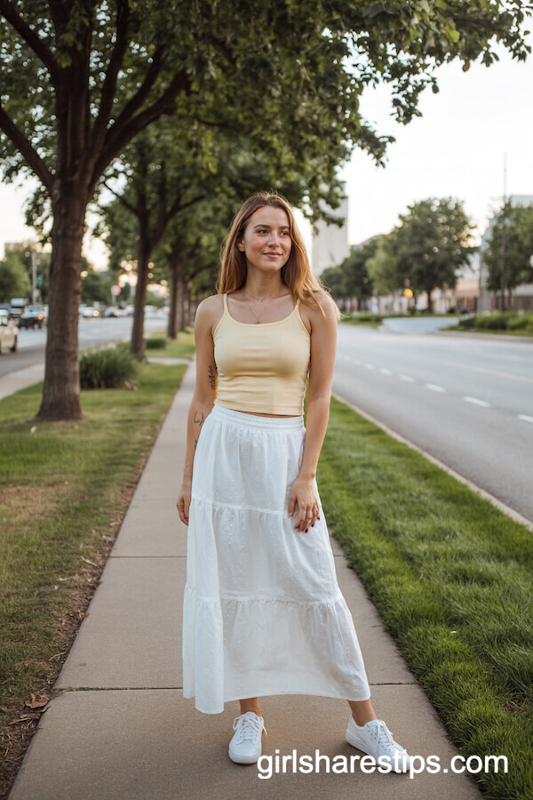 Pastel Yellow Tank with Tiered White Maxi Skirt