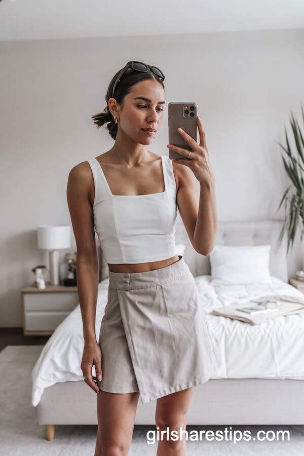 White Crop Top and Light Grey Wrap Mini Skirt