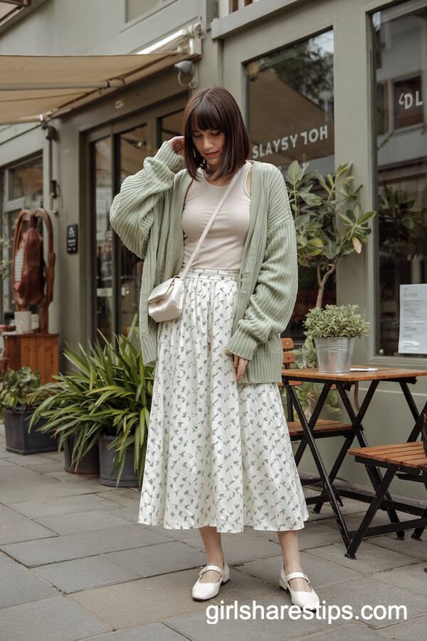 Sage Green Cardigan with White Floral Midi Skirt
