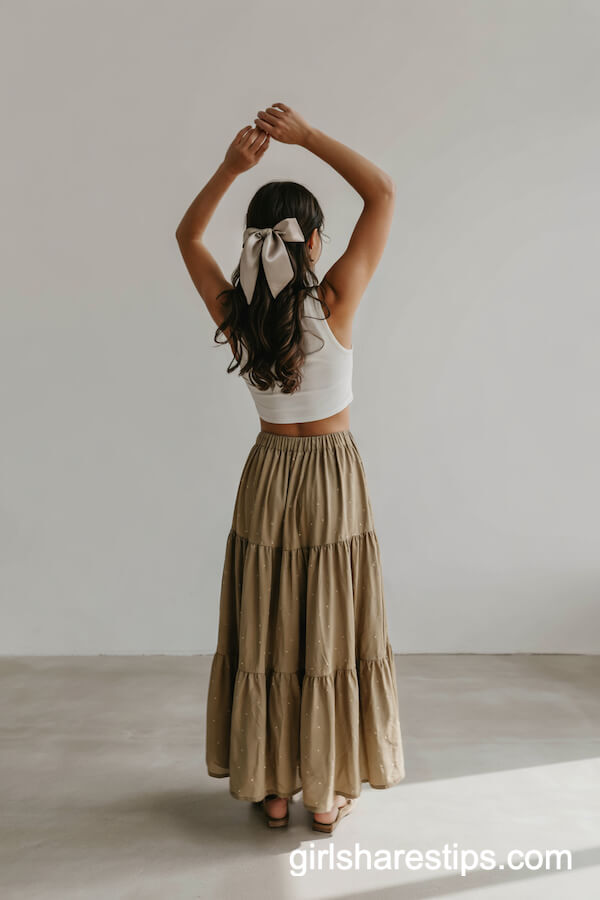 White Crop Top and Olive Green Tiered Maxi Skirt