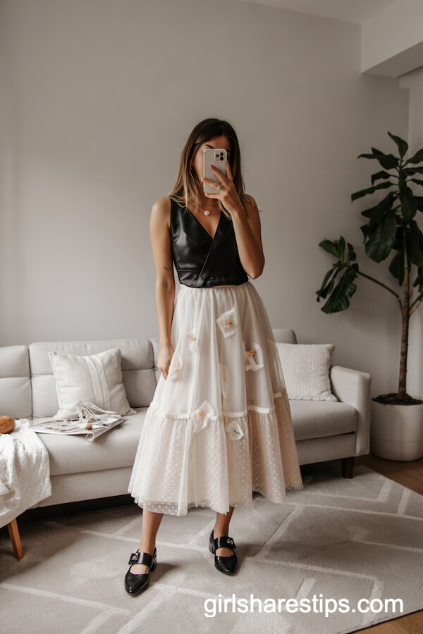Black Polka Dot Top with White Tulle Skirt