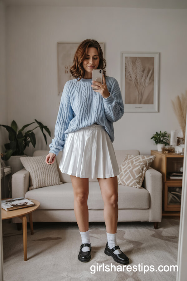 Chunky Knit Sweater and White Tennis Skirt