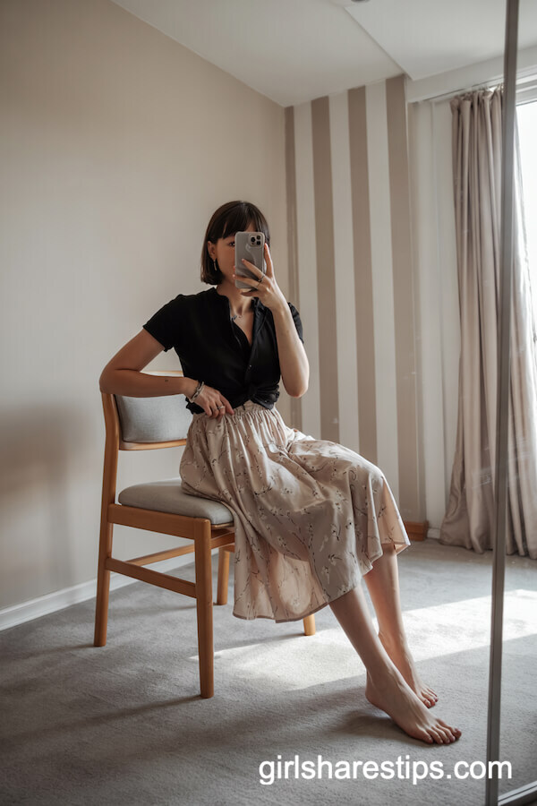 Black Top with Beige Floral Midi Skirt