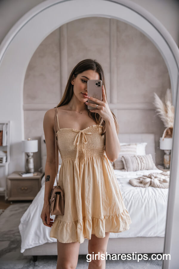 Pale Yellow Smocked Mini Dress and Shoulder Bag