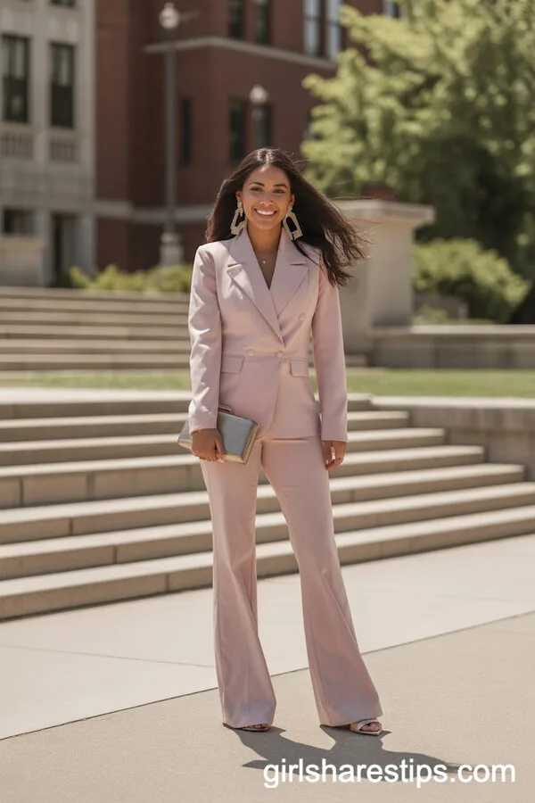 Pastel Pink Pantsuit With Statement Earrings for Graduation Glam