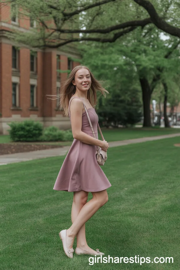 Mauve Fit-and-Flare Dress with Ballet Flats for Timeless Graduation Charm