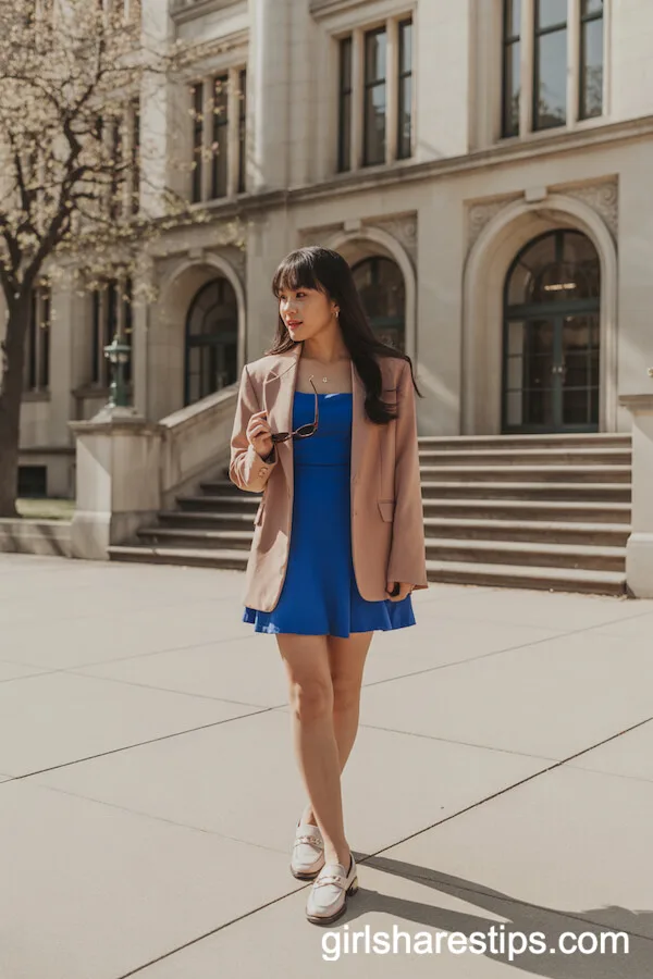 Cobalt Blue Mini Dress and Blush Blazer for a Polished Preppy Outfit