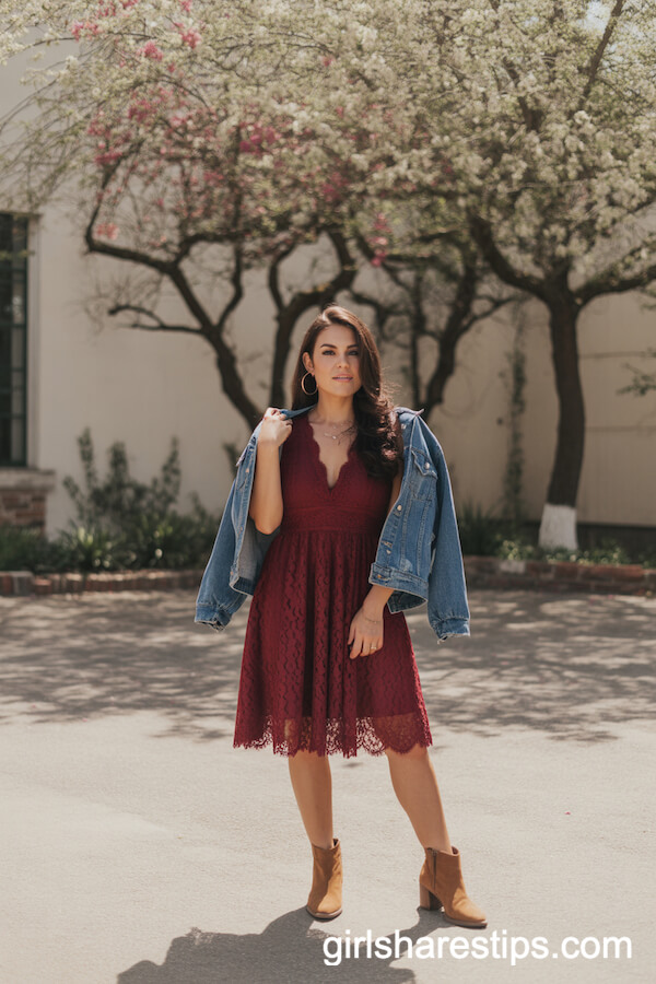 Burgundy Lace Dress With Booties and Denim Jacket for Chic Graduation Flair