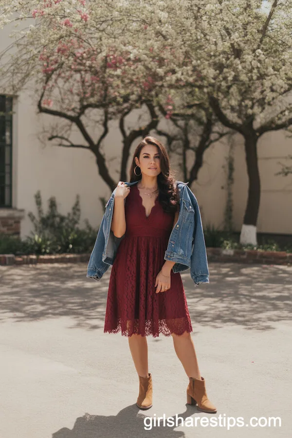 Burgundy Lace Dress With Booties and Denim Jacket for Chic Graduation Flair
