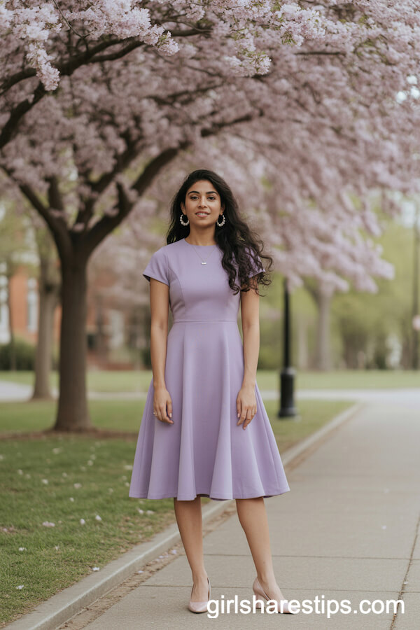 Lilac A-Line Dress and Pearl Accessories for a Soft, Inspiring Look