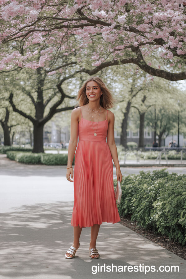 Coral Pleated Midi Dress and Gold Sandals for Effortless Daytime Style