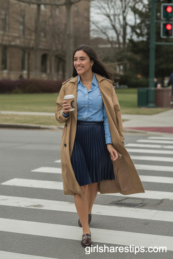 Navy Pleated Skirt With Chambray Shirt and Trench for Smart-Casual Chic