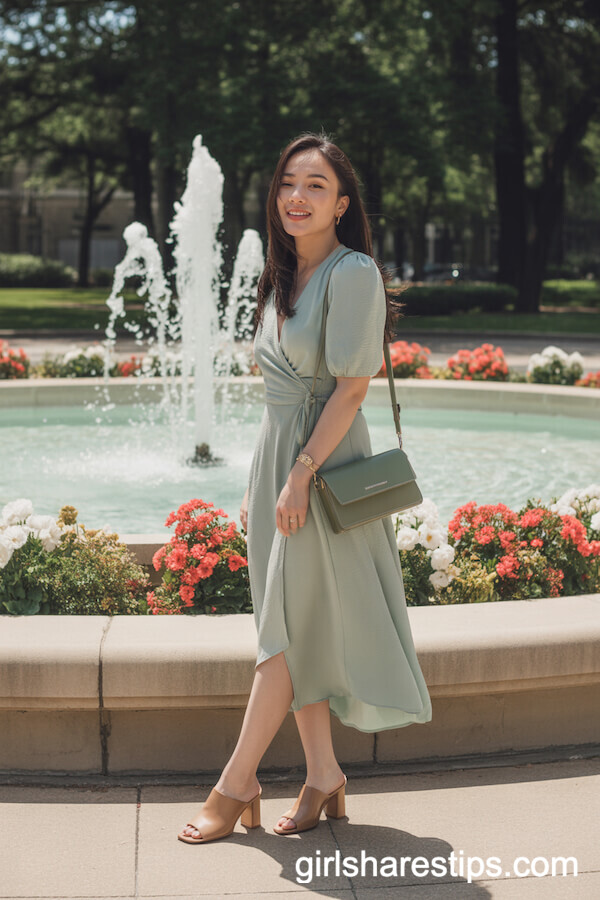 Mint Green Wrap Dress and Nude Mules for Chic Graceful Graduation