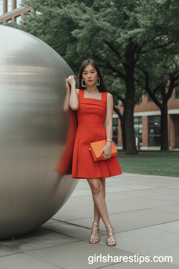Bold Red Structured Dress and Orange Accessories for a Statement Look
