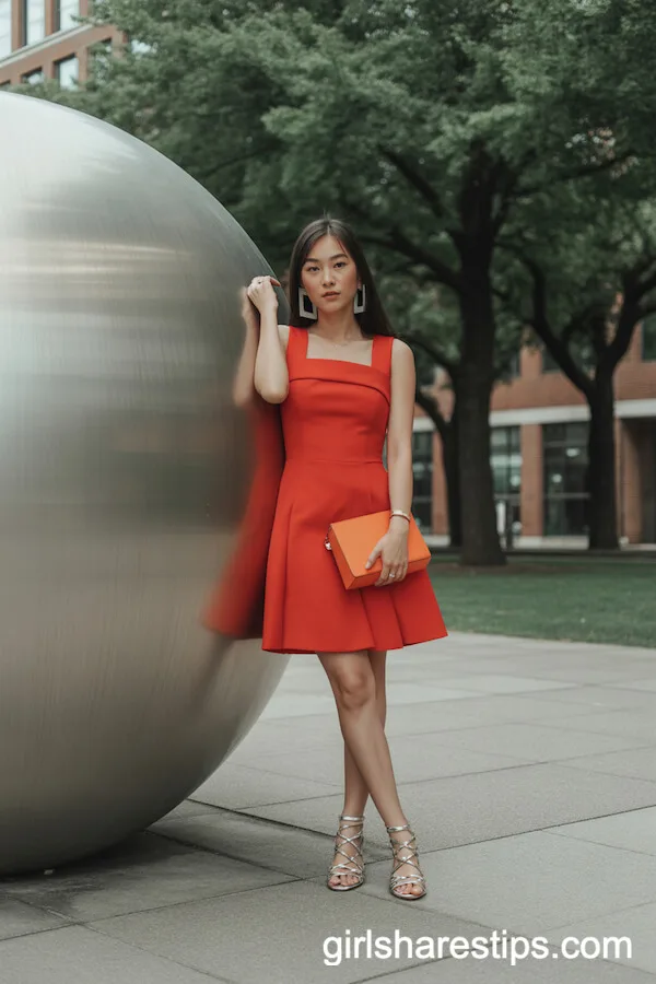 Bold Red Structured Dress and Orange Accessories for a Statement Look