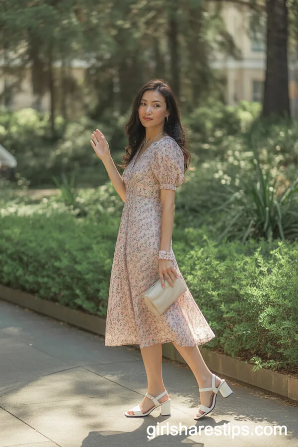 Floral Print Tea-Length Dress and Block Heels for a Garden Graduation