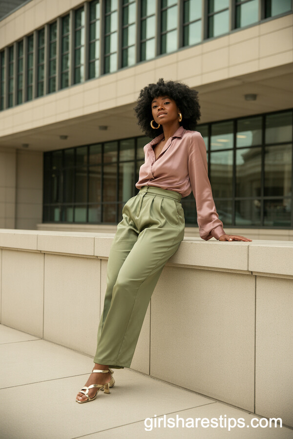 Olive High-Waisted Pants and Satin Blouse for a Relaxed, Glamorous Outfit