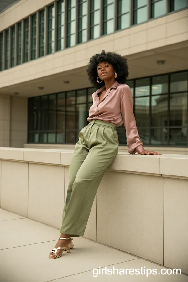 Olive High-Waisted Pants and Satin Blouse for a Relaxed, Glamorous Outfit