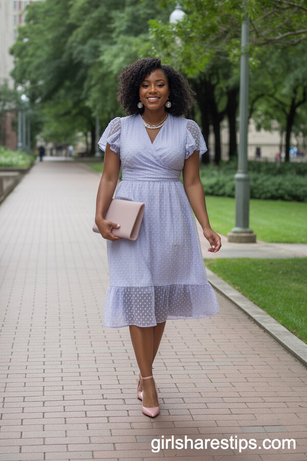 Lavender Ruffled Midi Dress and Rose Heels for a Graceful Graduation Walk