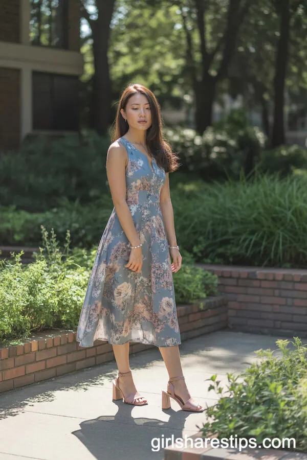 Dusty Blue Blush Floral Dress with Sandals for Elegant Spring Outfits
