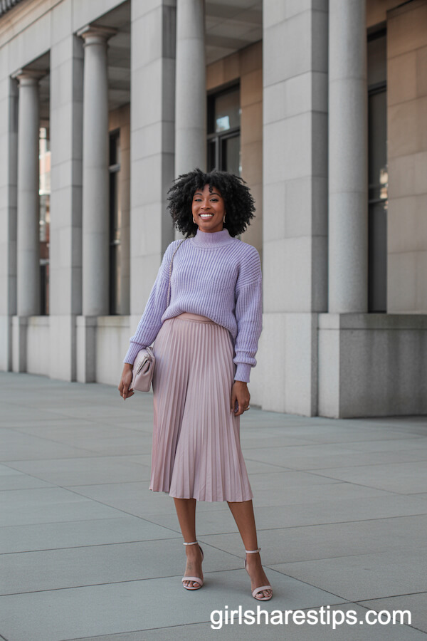 Blush Pleated Skirt and Lavender Sweater for Soft, Feminine Vibes