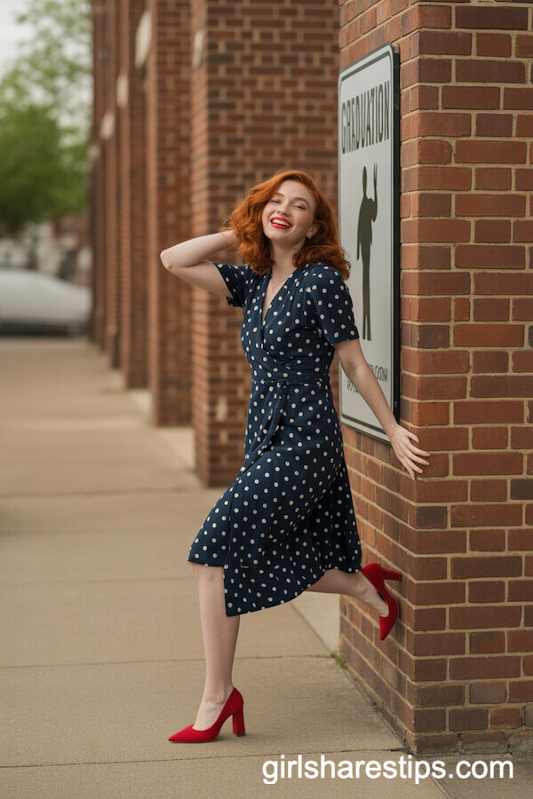Navy Polka Dot Wrap Dress and Red Pumps for a Playful Graduation Outfit