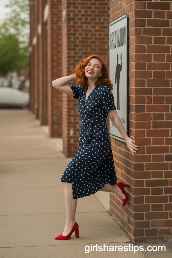 Navy Polka Dot Wrap Dress and Red Pumps for a Playful Graduation Outfit