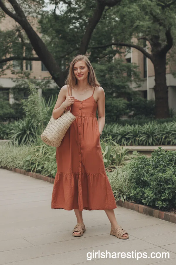 Terracotta Linen Midi Dress and Woven Sandals for Eco-Friendly Fashion