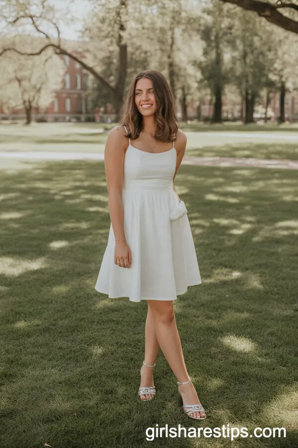 Classic White Graduation Dress with Elegant Silver Sandals