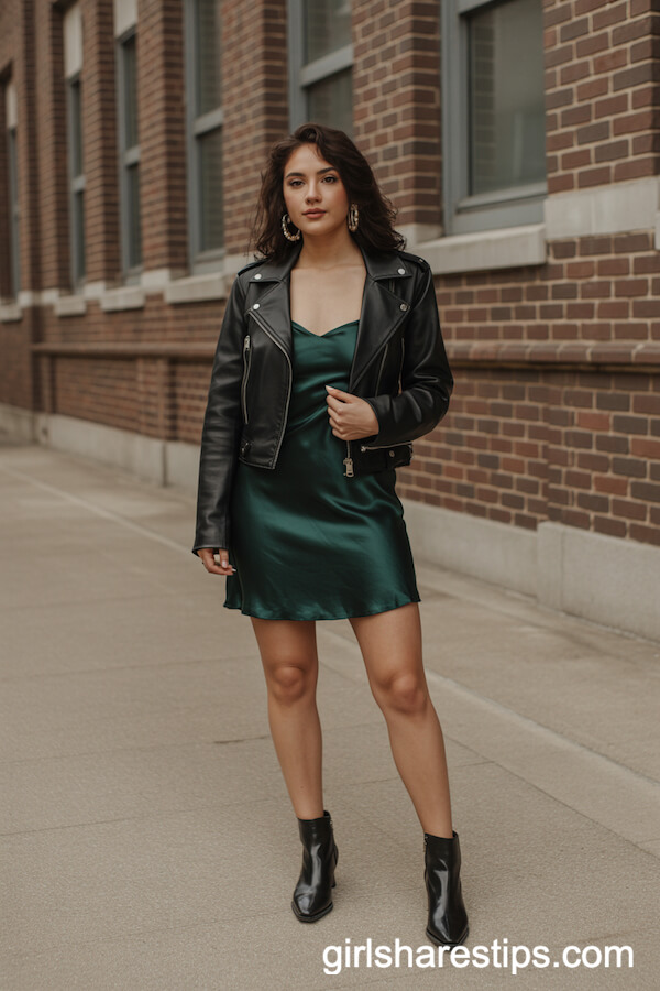 Silky Green Mini Dress Black Leather Jacket