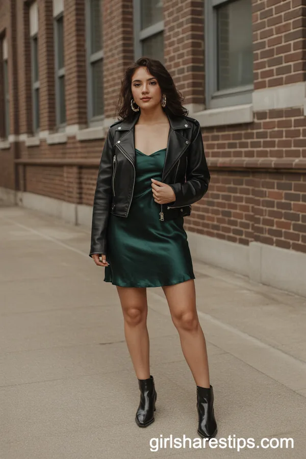 Silky Green Mini Dress Black Leather Jacket