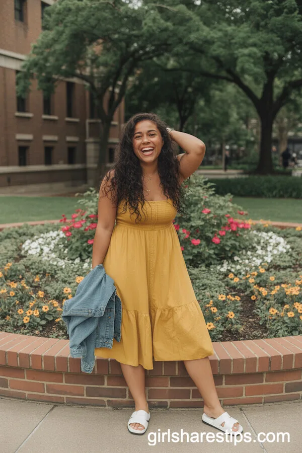 Bright Yellow Sundress with Denim Jacket Accent