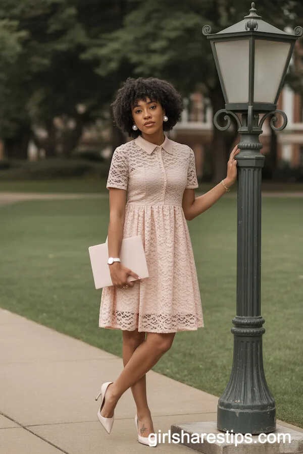 Soft Blush Lace Dress with Classic Accessories