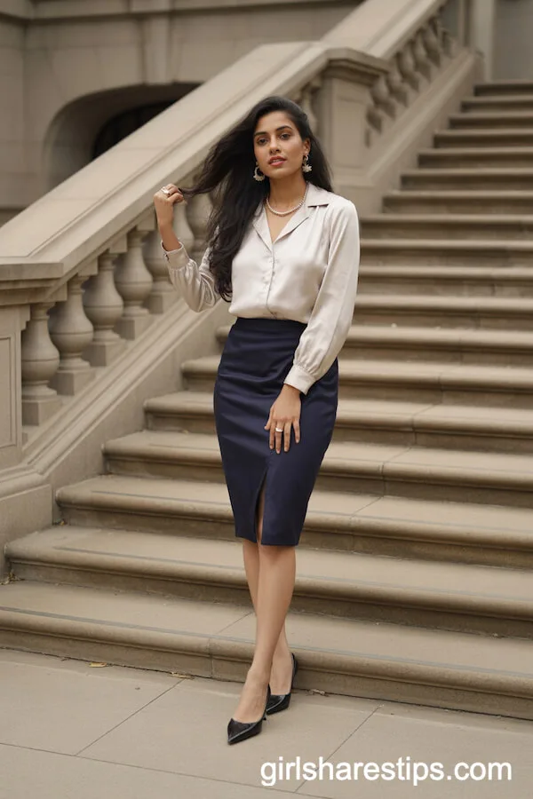 Silky Ivory Blouse and Navy Pencil Skirt Sophistication